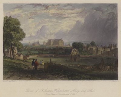 Palast von St. James, Westminster Abbey und Hall, London (farbiger Stich) von English School