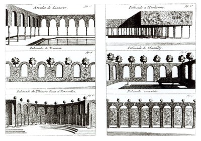 Palisadendesigns, aus Theory and Practice of Gardening, von Antoine-Joseph Dezallier D