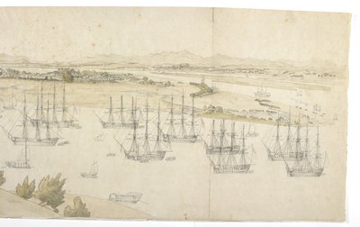 Panorama (rechte Hälfte) von Whampoa von der Dane Island, mit britischen und amerikanischen Schiffen im Ankerplatz von English School
