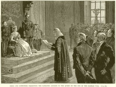 Peers und Gemeine überreichen der Königin die patriotische Adresse am Vorabend des Krimkrieges von English School
