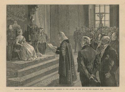 Peers und Gemeine überreichen der Königin die patriotische Ansprache am Vorabend des Krimkriegs von English School