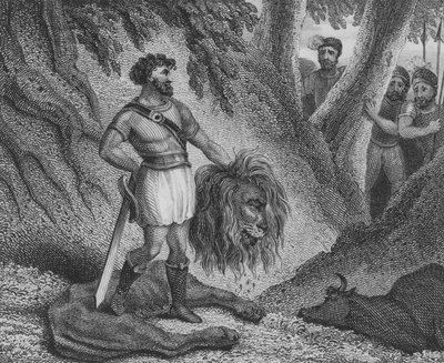 Pippin der Kurze, König der Franken, beweist, dass seine geringe Körpergröße kein Hindernis für seine Herrschaftsfähigkeit ist, indem er einen Löwen tötet von English School