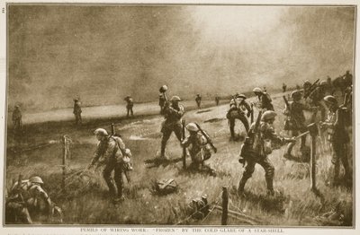 Gefahren der Drahtarbeit: eingefroren im kalten Schein einer Leuchtgranate, 1914-19 von English School