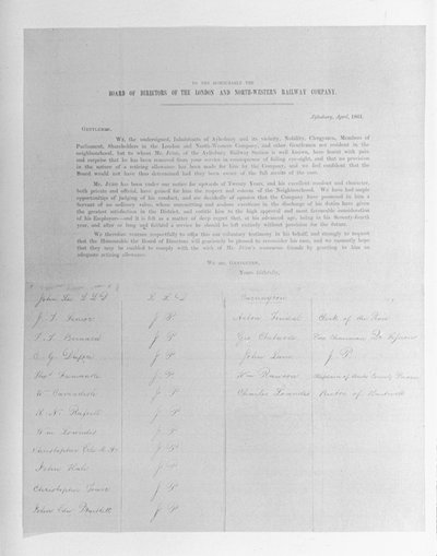 Petition an die Direktoren der London and North-Western Railway Company im Namen eines Mitarbeiters, der wegen Sehschwäche entlassen wurde, 1861 von English School