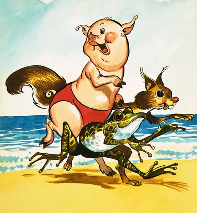 Schwein, Frosch und Eichhörnchen am Strand von English School
