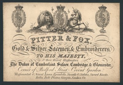 Pitter und Fox, Gold- und Silber-Laceman und Stickereien, Bedford Street, Covent Garden, Visitenkarte von English School