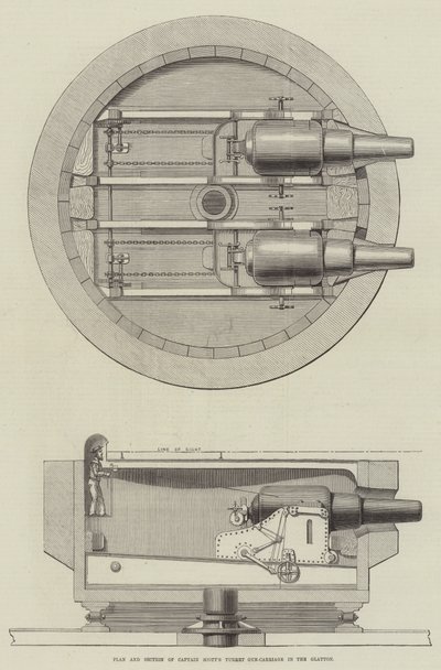 Plan und Querschnitt von Captain Scotts Turmgeschützlafette in der Glatton (Gravur) von English School