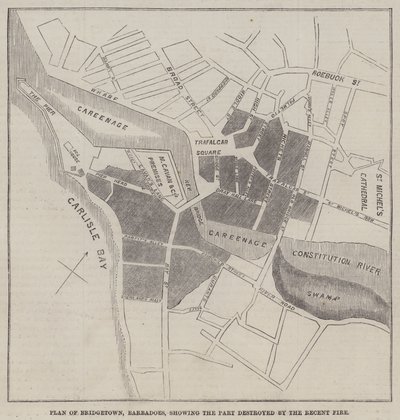 Plan von Bridgetown, Barbados, zeigt den durch das kürzliche Feuer zerstörten Teil (Stich) von English School