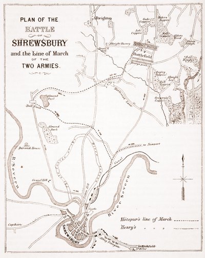 Plan der Schlacht von Shrewsbury und der Marschroute der beiden Armeen von English School