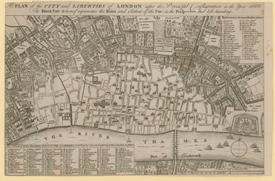 Plan der Stadt und Freiheiten von London nach dem schrecklichen Brand im Jahr 1666 von English School