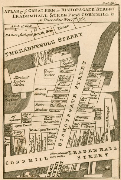 Plan des Feuers in der Bishopsgate Street, Cornhill und Leadenhall Street, London, das am 7. November 1765 begann von English School