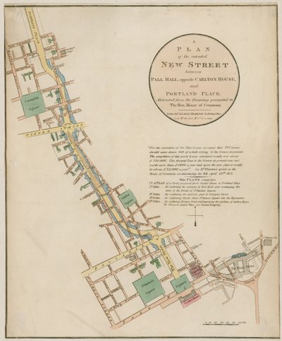 Plan der geplanten neuen Straße (Regent Street) zwischen Pall Mall und Portland Place von English School