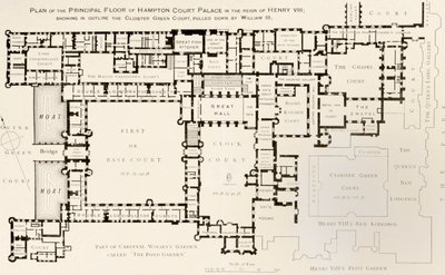 Plan des Hauptgeschosses des Hampton Court Palace während der Herrschaft von König Heinrich VIII., aus History of Hampton Court Palace in Tudor Times von Ernest Law, veröffentlicht in London 1885 von English School