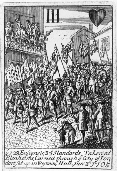 Spielkarte, die die Ensigns und Standards zeigt, die bei Blenheim erbeutet und durch die Stadt London getragen wurden, 3. Januar 1705 von English School