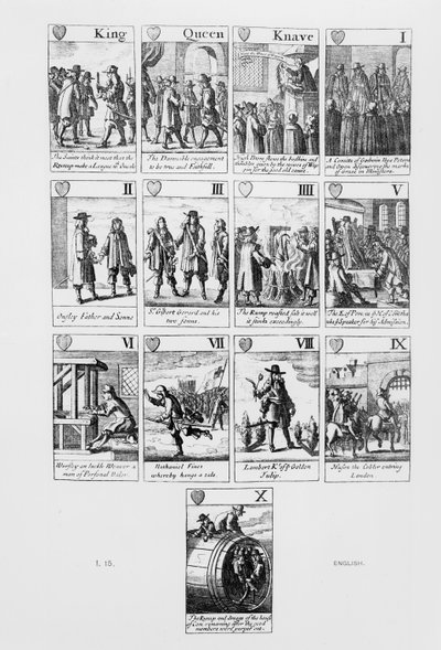 Spielkarten mit Szenen aus dem Rumpfparlament von English School