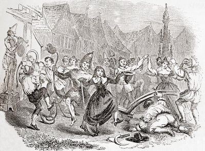 Plough Monday Feierlichkeiten, der Tanz von Bessie und dem Clown, aus "Old England: A Pictorial Museum", veröffentlicht 1847 von English School