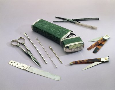 Taschen-Etui, mit chirurgischen Instrumenten für kleinere Operationen (Rochenhaut, Silber, Stahl und Schildpatt) von English School