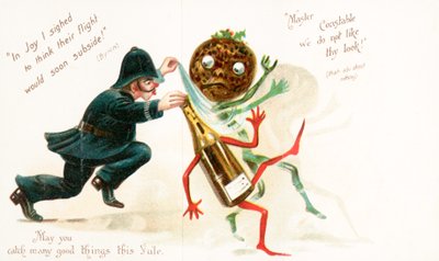 Polizeikonstabler jagt Weihnachtsplätzchen und Weinflasche, Weihnachtskarte von English School
