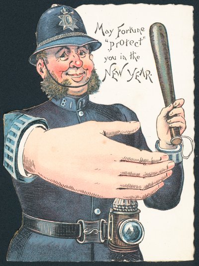 Polizist mit Schlagstock und großer Hand, Neujahrskarte von English School