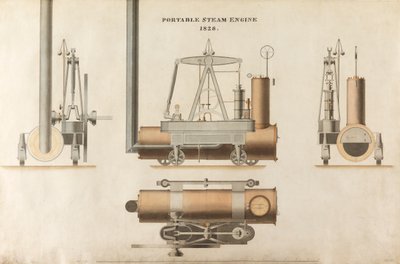 Tragbare Dampfmaschine, entworfen von Maudsley, Sons & Field, 1828 (Feder & Tinte und Aquarell auf Papier) von English School