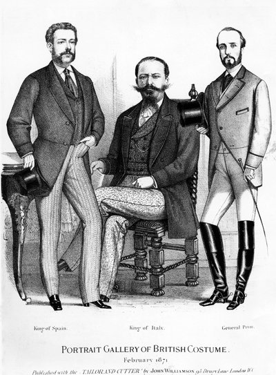 Porträtgalerie der britischen Kostüme, die Könige von Spanien und Italien und General Prim darstellend, veröffentlicht mit dem Tailor and Cutter, 1871 von English School