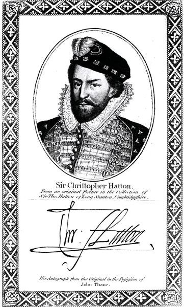 Porträt und Unterschrift von Sir Christopher Hatton (1540-91) von English School