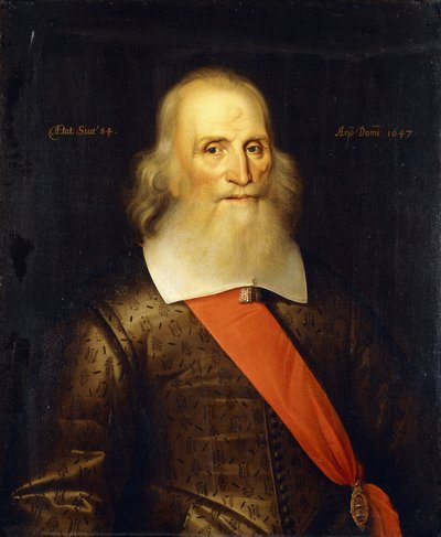 Porträt von Sir Oliver Cromwell, 84 Jahre alt, Halbfigur, in einer bestickten Weste mit weißem Kragen und roter Schärpe, 1647 von English School