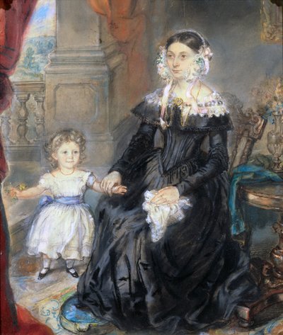 Porträt einer Mutter und eines kleinen Kindes in einem Innenraum, ca. 1830 von English School
