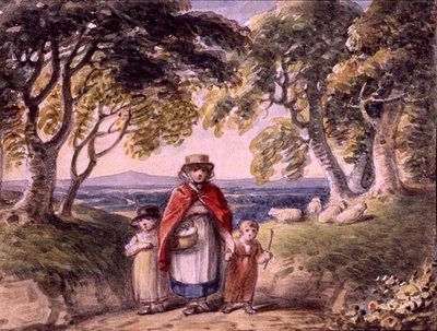 Porträt einer Frau und zwei Kinder in einer Waldlandschaft, ca. 1820 von English School