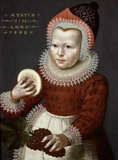 Porträt eines jungen Mädchens, das Brot und Trauben hält, 1598 von English School