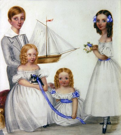 Porträt von vier Kindern mit einem Segelboot und einem Kätzchen, ca. 1830 von English School
