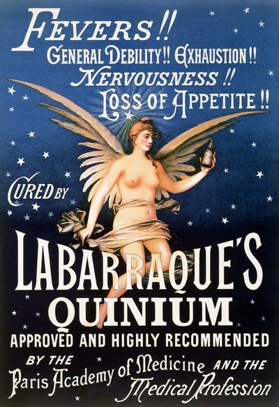 Plakat für Labarraques Quinium, Medizin mit Chinin gegen Fieber, allgemeine Schwäche, Erschöpfung, Nervosität, Appetitlosigkeit, 1889 von English School