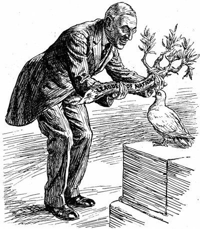 Präsident Wilson überreicht der Friedenstaube einen Olivenzweig mit der Aufschrift 