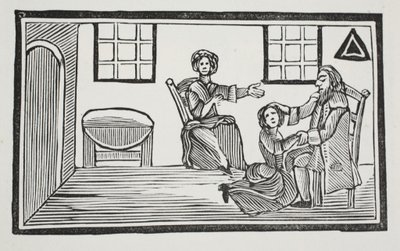Die hübsche Bessie erhält den Segen ihres Vaters, als sie sich ihren Lebensunterhalt sucht, Illustration aus Chap-books des achtzehnten Jahrhunderts von John Ashton, veröffentlicht 1882 von English School