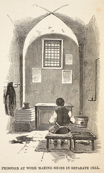 Gefangener bei der Schuhherstellung in einer Einzelzelle, Illustration aus The Criminal Prisons of London and Scenes from Prison Life von Henry Mayhew und John Binny, veröffentlicht 1862 von English School