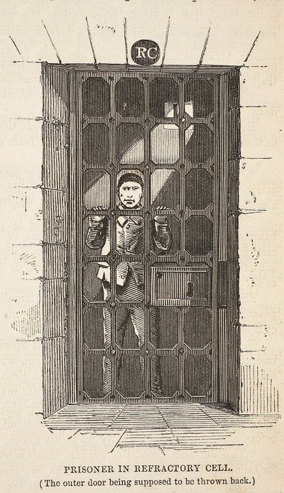 Gefangener in der Refraktärzelle (die äußere Tür soll zurückgeworfen sein), Illustration aus The Criminal Prisons of London and Scenes from Prison Life von Henry Mayhew und John Binny, veröffentlicht 1862 von English School