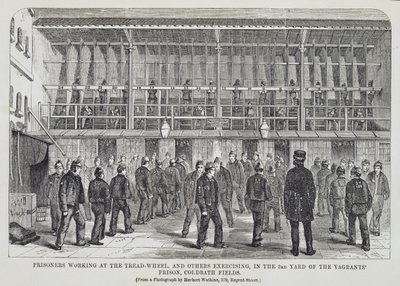 Gefangene bei der Arbeit an der Tretmühle und andere beim Training im 3. Hof des Vagabundengefängnisses, Coldbath Fields, aus The Criminal Prisons of London and Scenes of Prison Life von Henry Mayhew (1812-87) von English School