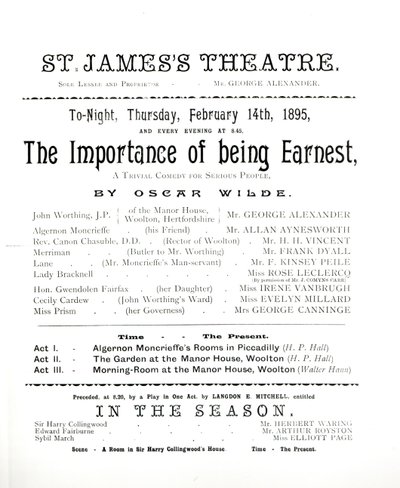 Programm für eine Aufführung von The Importance of Being Earnest, von Oscar Wilde, im St. James Theatre, 14. Februar 1895 von English School