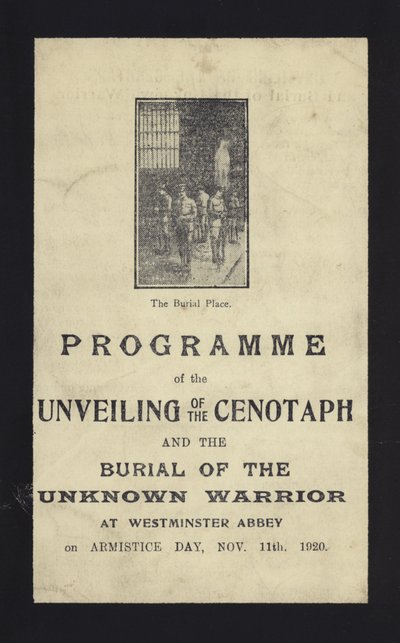 Programm zur Enthüllung des Kenotaphs und der Beisetzung des unbekannten Soldaten, Westminster Abbey, London, 11. November 1920 von English School