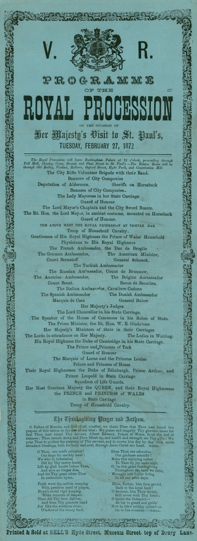 Programm der königlichen Prozession anlässlich des Besuchs Ihrer Majestät in der St. Pauls Kathedrale, London, 27. Februar 1872 von English School