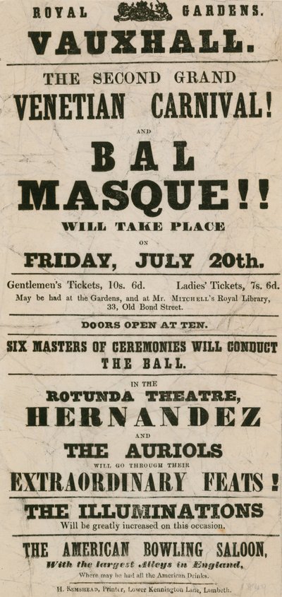 Werbeflyer für den zweiten großen venezianischen Karneval und Bal Masque in den Royal Gardens, Vauxhall, London von English School