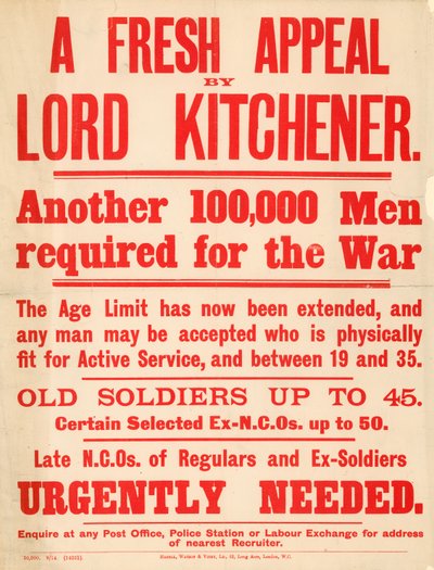 Werbeplakat, das 100.000 Männer auffordert, sich freiwillig für den Kriegsdienst zu melden von English School