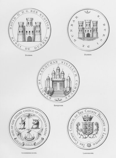 Wappen: Dunbar; Sanquhar; Inverness-shire; Lancashire von English School