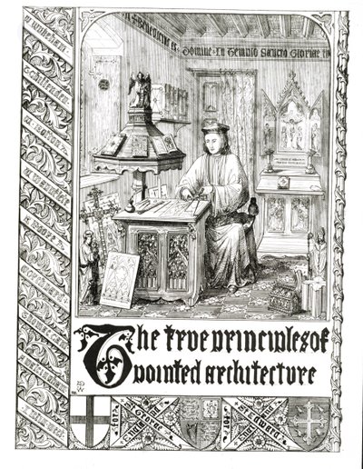 Pugin bei der Arbeit, Frontispiz aus Wahre Prinzipien der spitzen oder christlichen Architektur, von Augustus Welby Northmore Pugin (1812-52) von English School