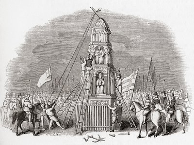 Puritaner zerstören das Cheapside Cross alias Eleanor Cross, London, England im Jahr 1643, aus Old England: A Pictorial Museum, veröffentlicht 1847 von English School