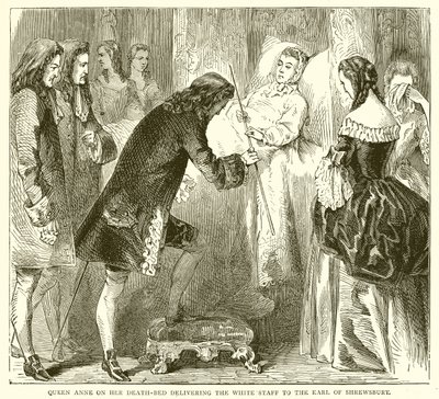 Königin Anne auf ihrem Sterbebett übergibt den weißen Stab an den Earl of Shrewsbury von English School