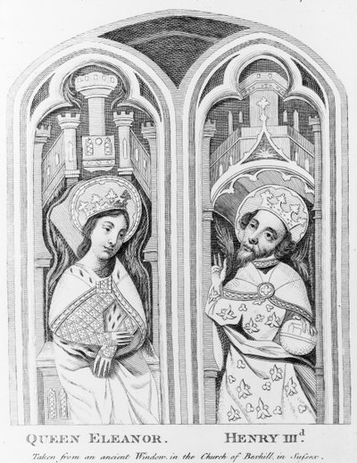 Königin Eleonore und Heinrich III., aus einem alten Fenster in der Kirche von Boxhill, Sussex von English School