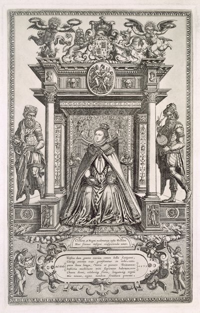 Königin Elizabeth I. (1533-1603) als Schirmherrin der Geographie und Astronomie, Frontispiz zu einem Buch sächsischer Karten von England, 1579 von English School