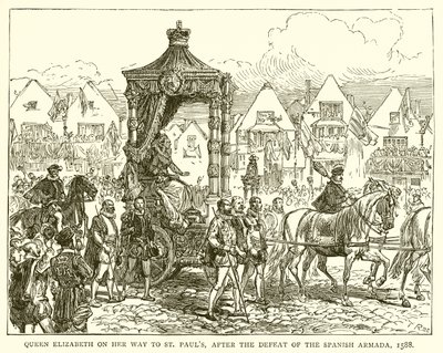 Königin Elisabeth auf dem Weg nach St. Pauls nach der Niederlage der spanischen Armada, 1588 von English School