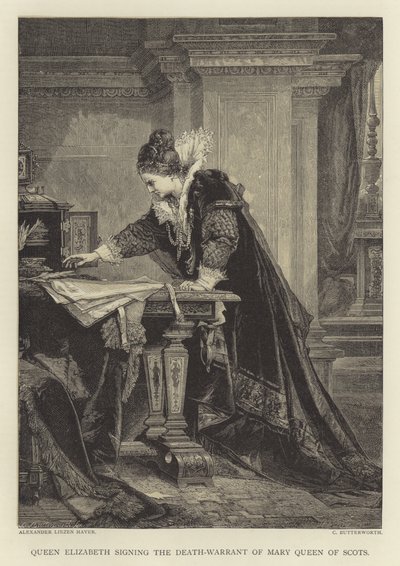 Königin Elisabeth unterzeichnet den Todesbefehl von Maria Stuart von English School